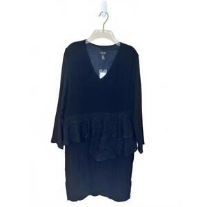 Ronen Chen V Neck Peplum Waist Sheer Sleeves Dress Black Size 3 US 10